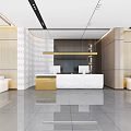 Modern Sales Office Interior With Sofa Chairs Coffee Tables Large Windows And Water Bar Area