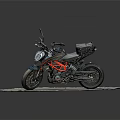 Blue and Black Motorcycle with Red Frame and Rear Storage Box on Circular Gray Surface