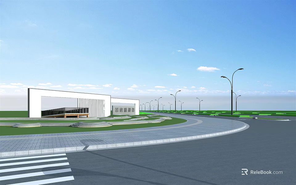 Road Infrastructure With Curved Road Street Lamps Modern Building And Striped Crosswalk 3d model 
