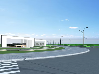 Road Infrastructure With Curved Road Street Lamps Modern Building And Striped Crosswalk 3d model