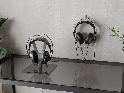 Premium Stylish Headphones On Stands Displayed Over Black Table With Gray Wall And Green Plants 3d model