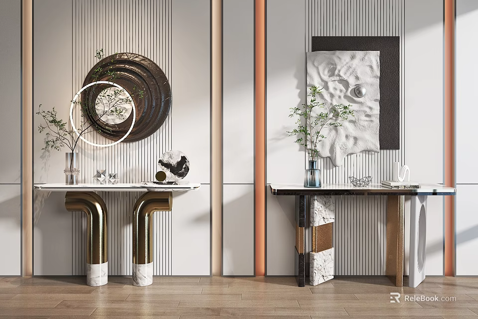 Modern Console Table Design With Striped Wall Art Vase Ornaments And Metal Marble Base 3d model 