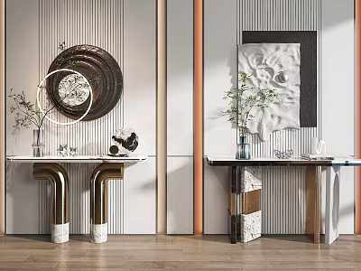 Modern Console Table Design With Striped Wall Art Vase Ornaments And Metal Marble Base 3d model
