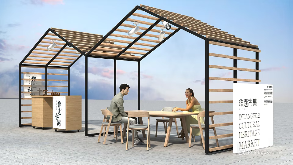 Outdoor Leisure Dining Space With Wooden Canopy And People Seated At Table 3d model 