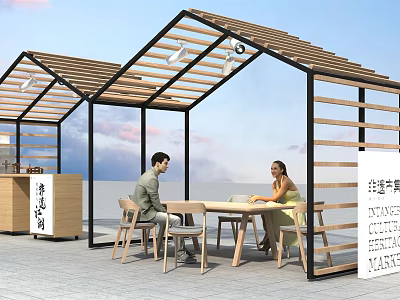 Outdoor Leisure Dining Space With Wooden Canopy And People Seated At Table 3d model