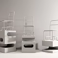 Colorful Metal Frame Leisure Chairs On Concrete Pedestals Against Grey Wall Wooden Floor