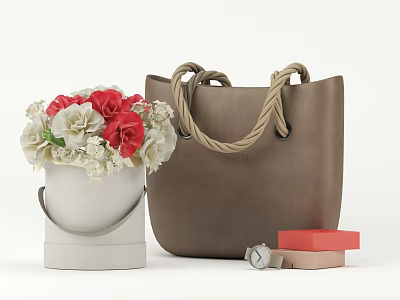 Brown Tote Bag with Rope Handles Leather alongside Flower Bouquet White Bucket Watch and Boxes 3d model