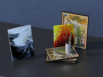 Colorful Art Brushes On Tray With Abstract Paintings And Books Against Deep Blue Wall 3d model