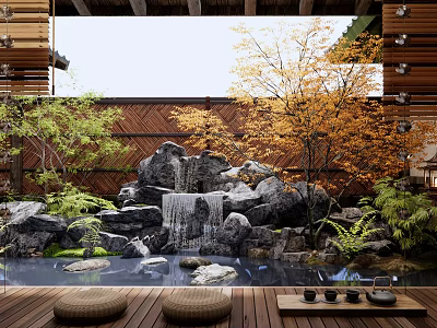 Miniature Garden Landscape with Rock Waterfall Small Pond and Colorful Trees by Wooden Fence 3d model