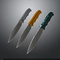 Three Modern Tactical Weapons With Silver Orange Green Handles And Serrated Sharp Blades 3d model