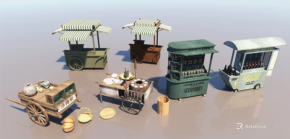 Various Functional Mobile Carts With Striped Canopies And Goods Display Accessories 3d model 