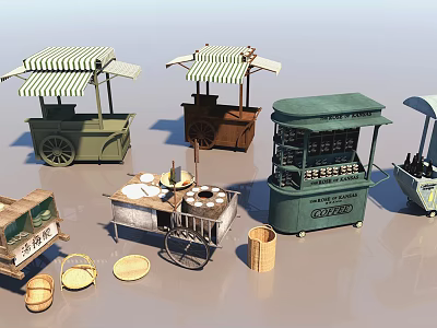 Various Functional Mobile Carts With Striped Canopies And Goods Display Accessories 3d model