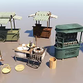 Various Functional Mobile Carts With Striped Canopies And Goods Display Accessories 3d model