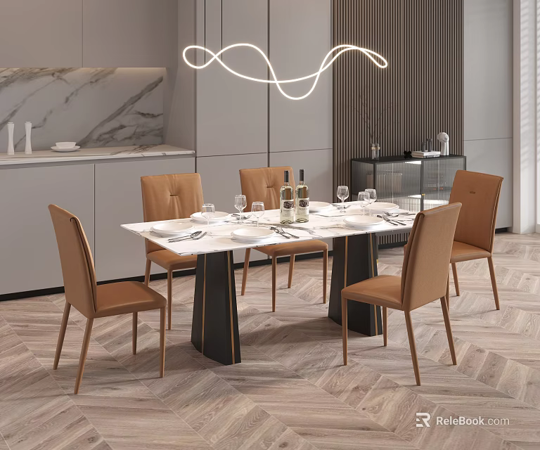 Modern Marble Dining Table Set With Beige Chairs And Curved Pendant Light 3d model 