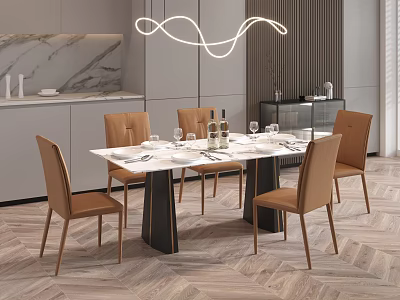 Modern Marble Dining Table Set With Beige Chairs And Curved Pendant Light 3d model