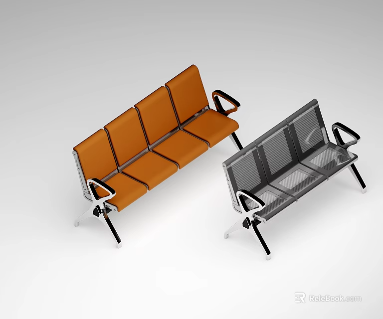 Modern Public Seating Orange And Black Benches With Metal Frame Mesh Design Armrests 3d model 
