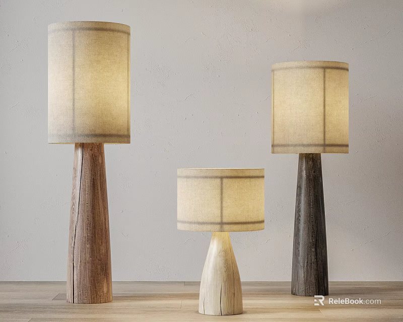 Minimalist Floor Lamps With Wooden Bases And Cream Lamp Shades On Wooden Floor 3d model 