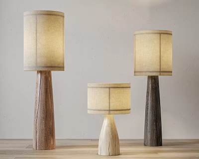 Minimalist Floor Lamps With Wooden Bases And Cream Lamp Shades On Wooden Floor 3d model