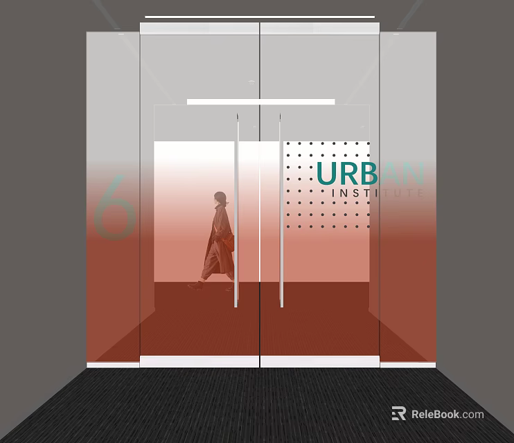 Modern Glass Wall with URB INSTITUTE Signage and Figure Walking By Entrance Area 3d model 