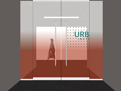 Modern Glass Wall with URB INSTITUTE Signage and Figure Walking By Entrance Area 3d model