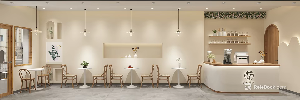Cozy Modern Milk Tea Shop Interior With Hanging Lights And Chairs 3d model 