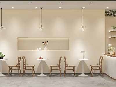 Cozy Modern Milk Tea Shop Interior With Hanging Lights And Chairs 3d model