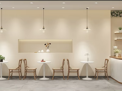 Cozy Modern Milk Tea Shop Interior With Hanging Lights And Chairs 3d model