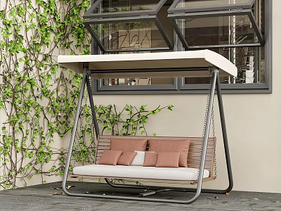 Outdoor Swing Chair with Cushioned Seat Wooden Slats Metal Frame and Lush Green Vines 3d model