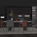 Modern Restaurant With Black Cabinets Wine Rack Dining Set Pendant Lights Rug Glass Display Cabinet