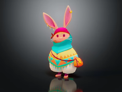 Cute Rabbit Character With Pink Headscarf Blue Scarf Colorful Geometric Top And Orange Bag 3d model
