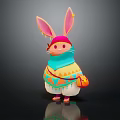 Cute Rabbit Character With Pink Headscarf Blue Scarf Colorful Geometric Top And Orange Bag