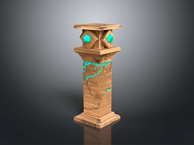 Stone Pillar with Cracks and Turquoise Glowing Lines Geometric Decorative Top and Green Gemstones 3d model