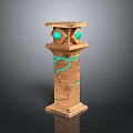 Stone Pillar with Cracks and Turquoise Glowing Lines Geometric Decorative Top and Green Gemstones