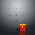 Red Gift Box With Yellow Bow And Silver Stars On Gray Background