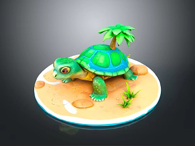 Green Turtle With Blue Shell On Sandy Ground Near Palm Tree Small Stones And Grass 3d model