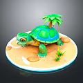 Green Turtle With Blue Shell On Sandy Ground Near Palm Tree Small Stones And Grass