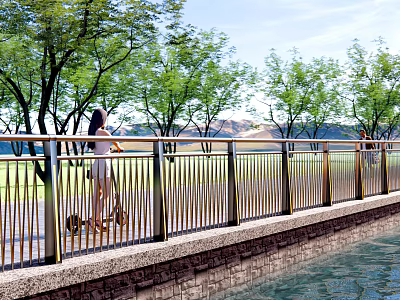 Outdoor Metal Railings With Vertical Bars Along Waterfront Walkway Near Green Trees And Grassland 3d model