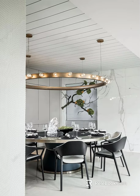 Stylish Private Dining Room Interior With Round Table Black Chairs Circular Chandelier And Green Plant 3d model 