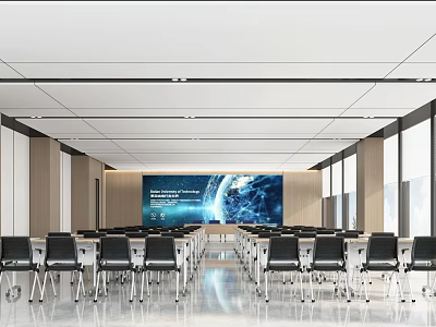 Modern Conference Room Interior Design With Long Table Chairs Large Screen And Natural Light 3d model
