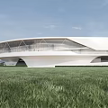Modern Architectural Building With Streamlined Design Glass Facade Water Reflection And Surrounding Grassland