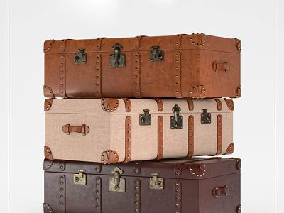 Vintage Stacked Suitcases With Leather Canvas Material And Metal Locks Rivets 3d model