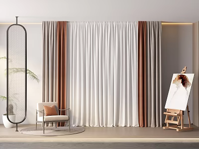 Modern Living Room Curtains in White and Brown Linen Fabric with Elegant Drape Design 3d model