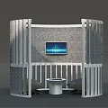 Circular Office Booth With Wooden Frame Table And Chairs And Digital Screen