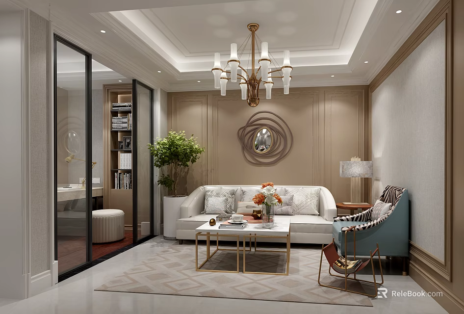 Elegant Modern Light Luxury Living Room Interior Design With Soft Tone Furniture And Exquisite Decoration 3d model 