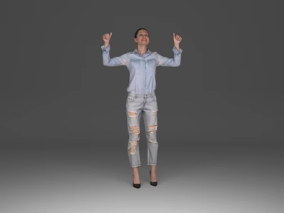 Woman Wearing Light Blue Denim Shirt Ripped Jeans Raising Hands with Glasses and Black High Heels 3d model