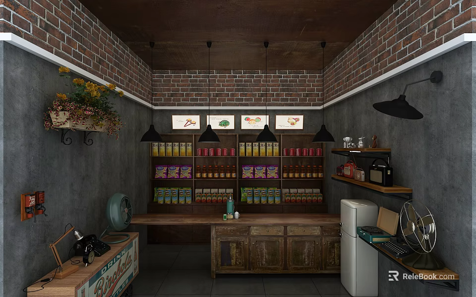 Vintage Grocery Store Interior With Brick Walls Shelves And Retro Decor 3d model 