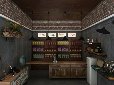 Vintage Grocery Store Interior With Brick Walls Shelves And Retro Decor 3d model