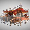 Traditional Decorative Tent with Red and White Fabric Wooden Platform and Ornamental Fringes