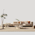 Modern Beige Sofa and White Round Coffee Table Set with Multiple Pillows and Floor Lamp 3d model