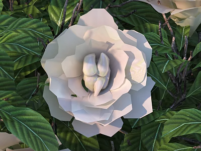 Beautiful White Flower With Green Leaves And Natural Branches 3d model